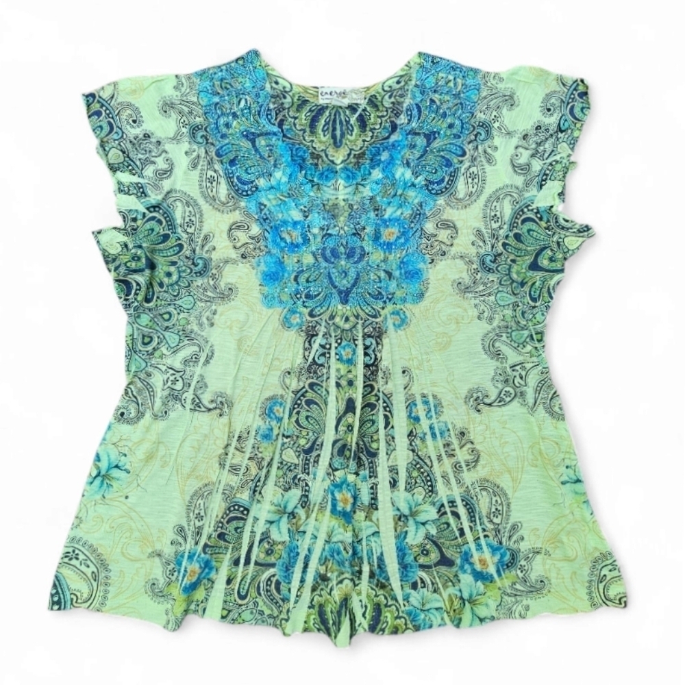 Energe By One World Cato Blue Psychedelic Pattern Boho Tee, Size XL
